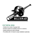 Baseball metal sign with helmet, bats, and ball shown alongside a cut metal sign feature guide