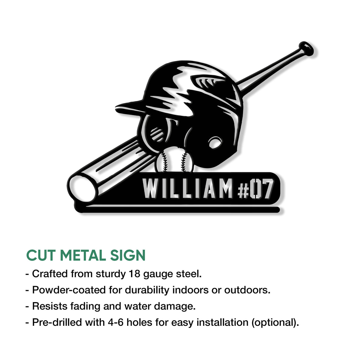 Baseball metal sign with helmet, bats, and ball shown alongside a cut metal sign feature guide