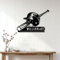Baseball wall sign displayed on a white paneled wall above a console table in a home interior