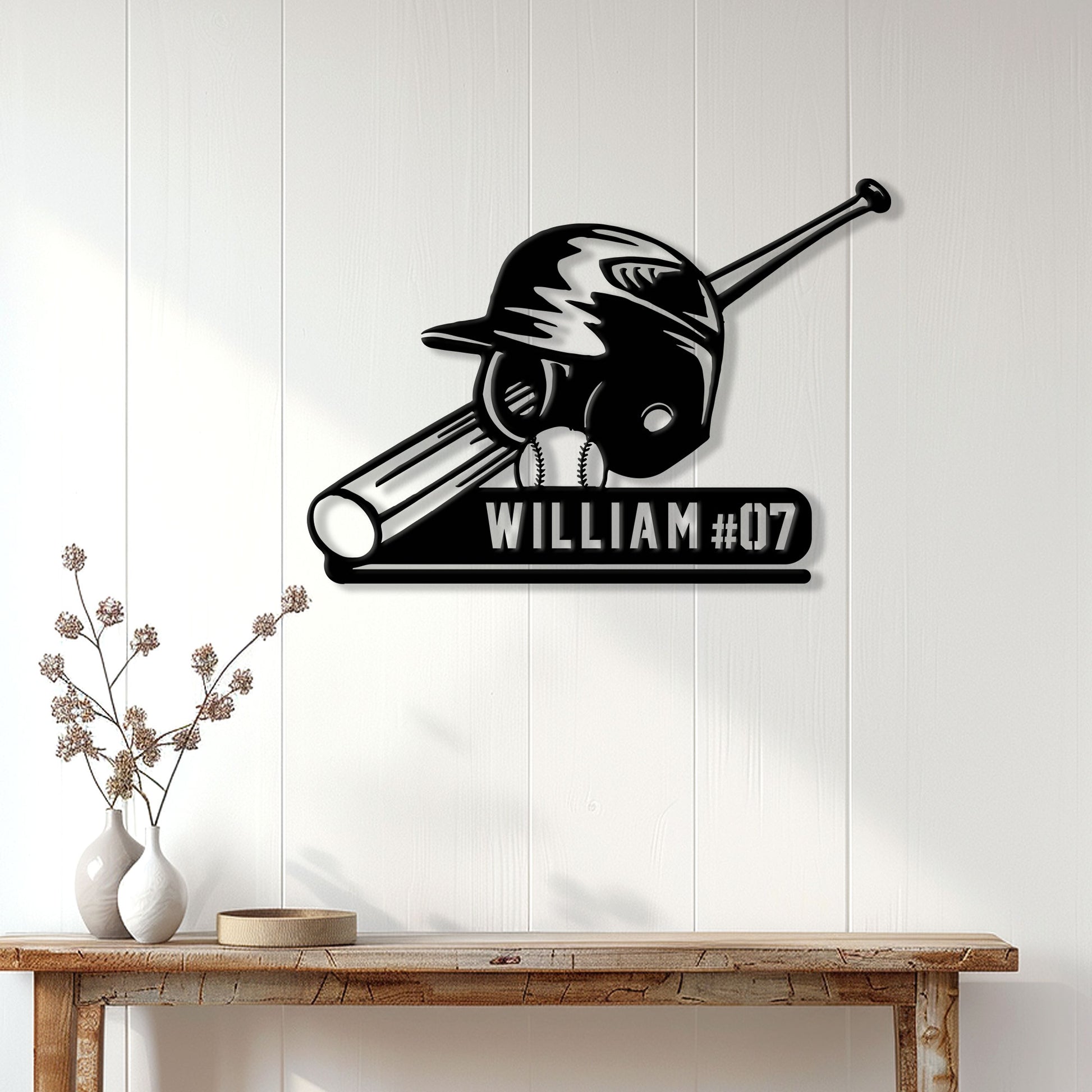 Baseball wall sign displayed on a white paneled wall above a console table in a home interior