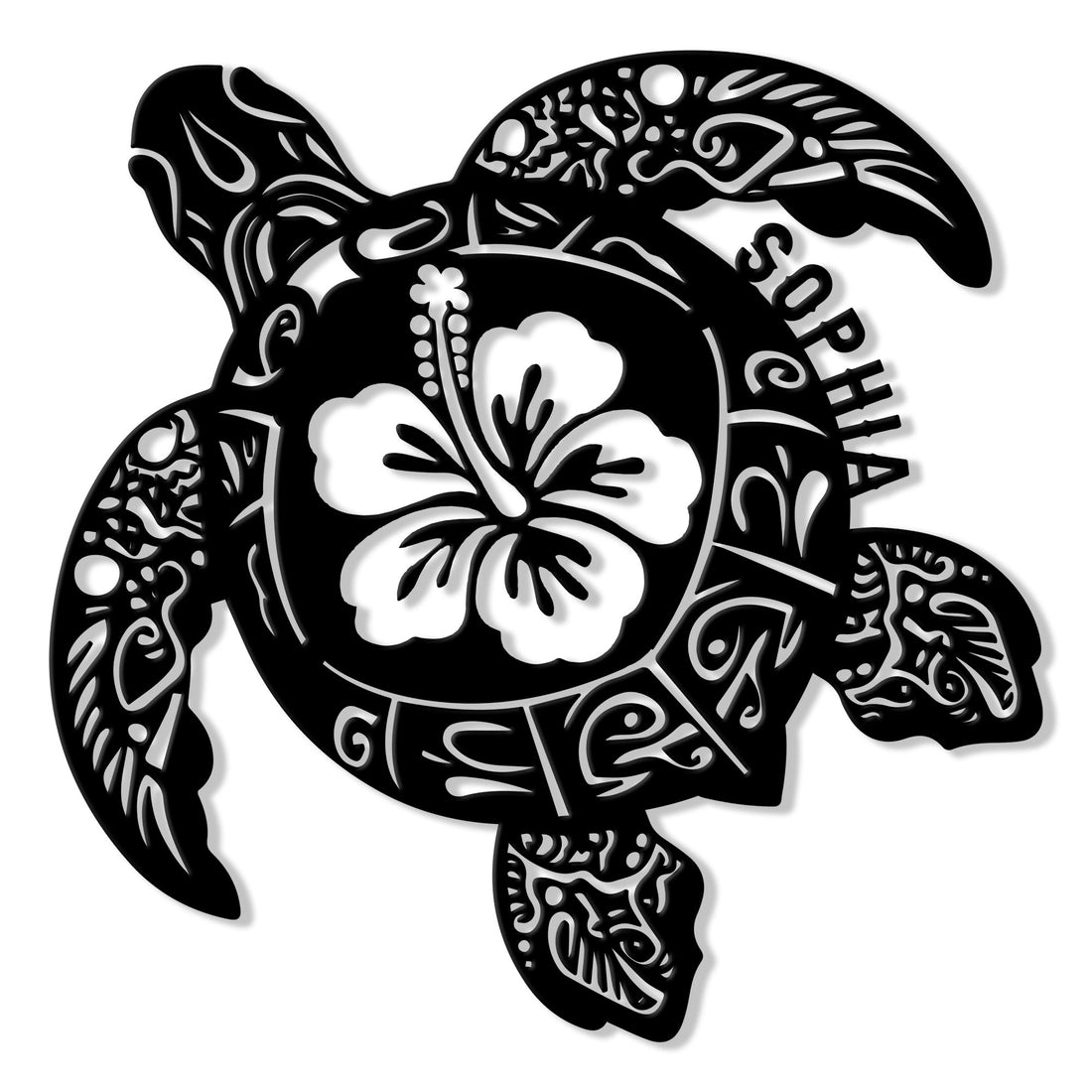 Intricate black sea turtle metal sign featuring a large hibiscus flower and tropical patterned shell