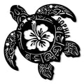Intricate black sea turtle metal sign featuring a large hibiscus flower and tropical patterned shell