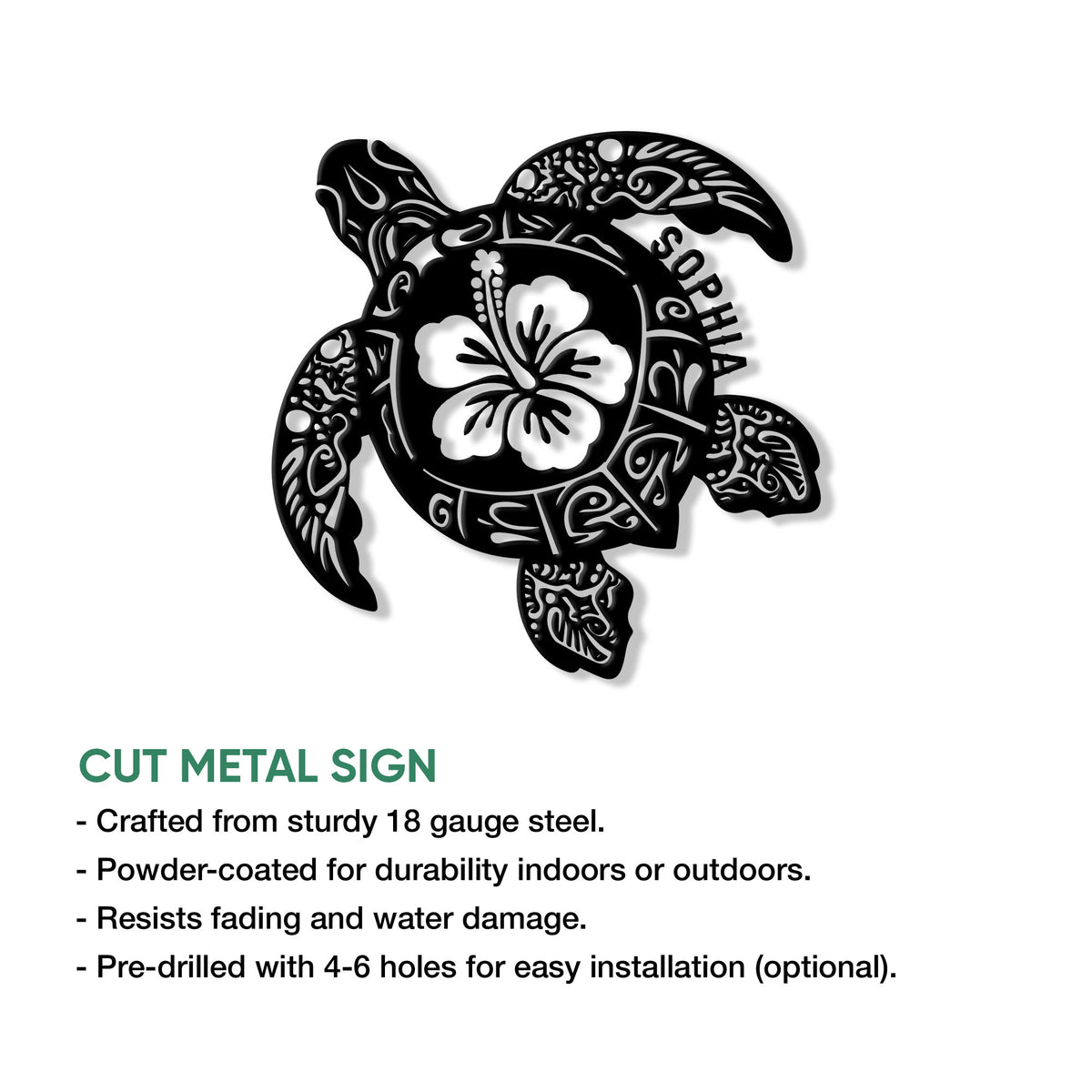 Sea turtle cut metal sign product graphic showing the detailed tropical artwork and decorative silhouette
