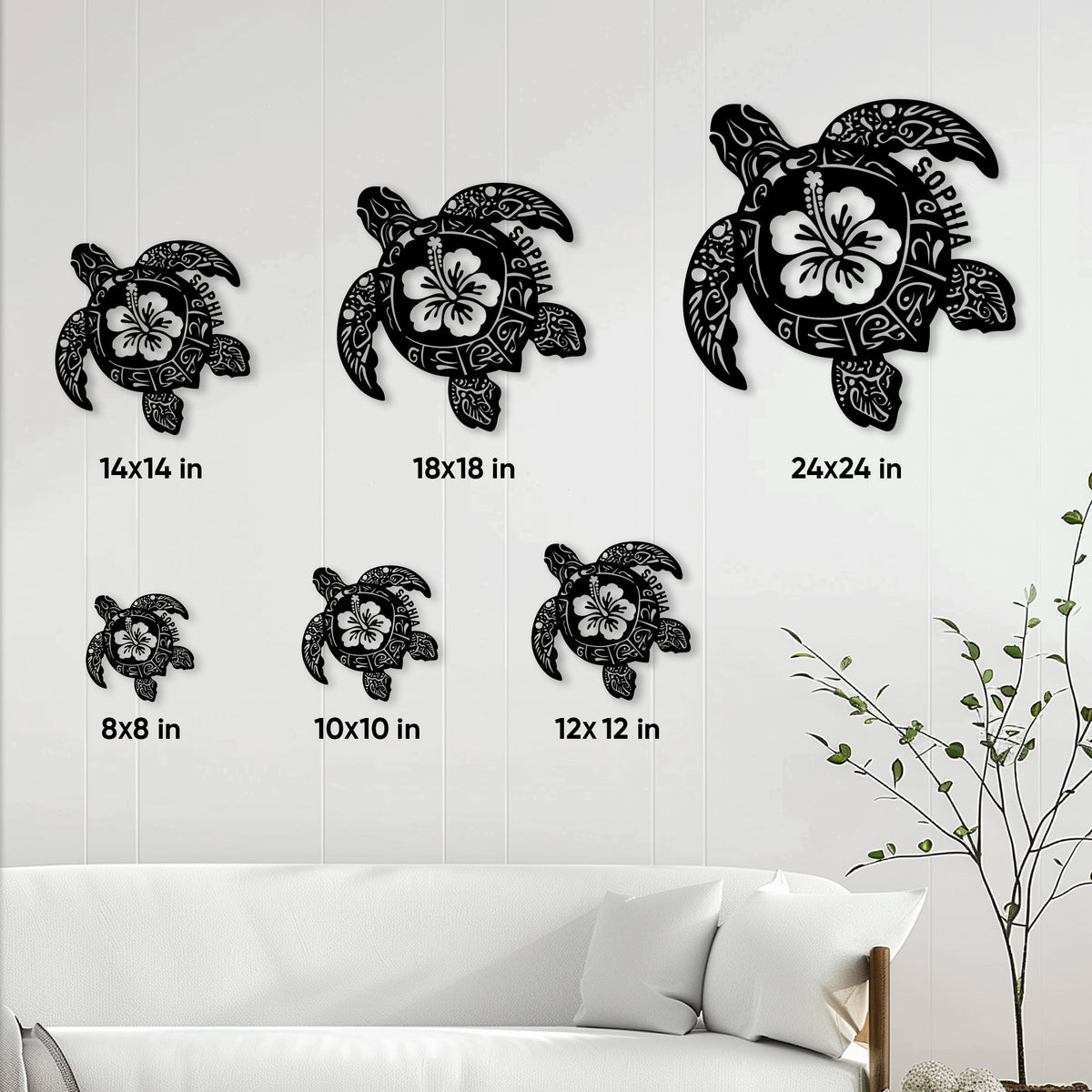 Sea turtle metal sign size guide showing available square sizes from 8 by 8 to 24 by 24 inches