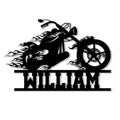 Black metal biker sign featuring a flame-covered motorcycle silhouette with bold custom lettering style