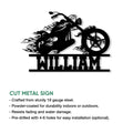 Flame motorcycle metal sign shown with cut-metal construction and indoor or outdoor display features