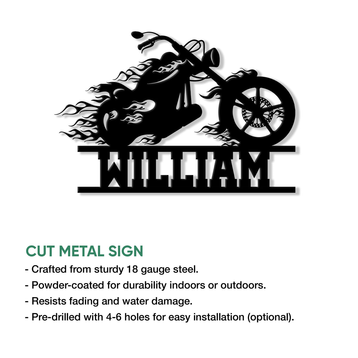 Flame motorcycle metal sign shown with cut-metal construction and indoor or outdoor display features