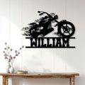 Biker motorcycle wall sign displayed on a light paneled wall above a wood console table