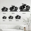 Motorcycle metal sign size guide showing several square size options in a living room setting