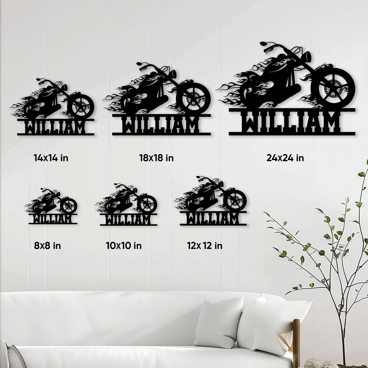Motorcycle metal sign size guide showing several square size options in a living room setting
