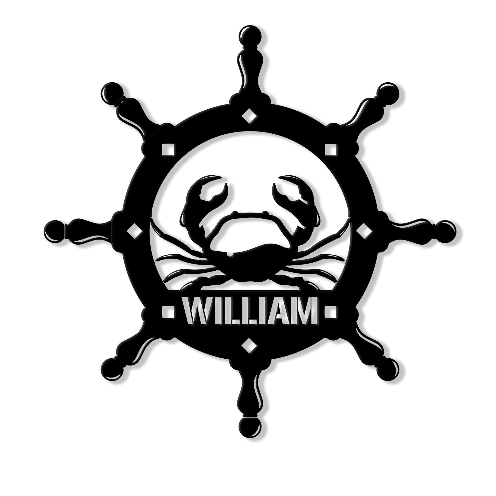 Black crab silhouette framed by a nautical ship wheel on a custom metal sign