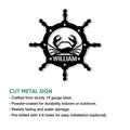 Crab ship wheel metal sign shown with cut-metal product feature details