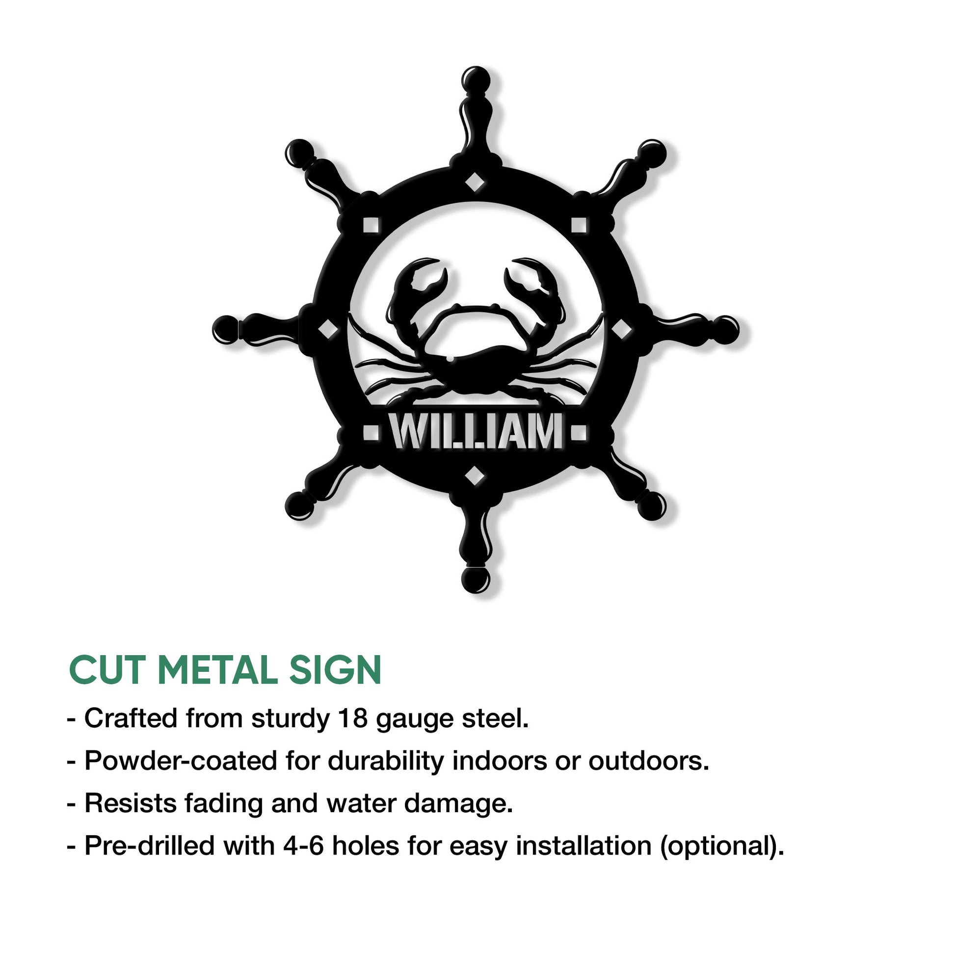 Crab ship wheel metal sign shown with cut-metal product feature details