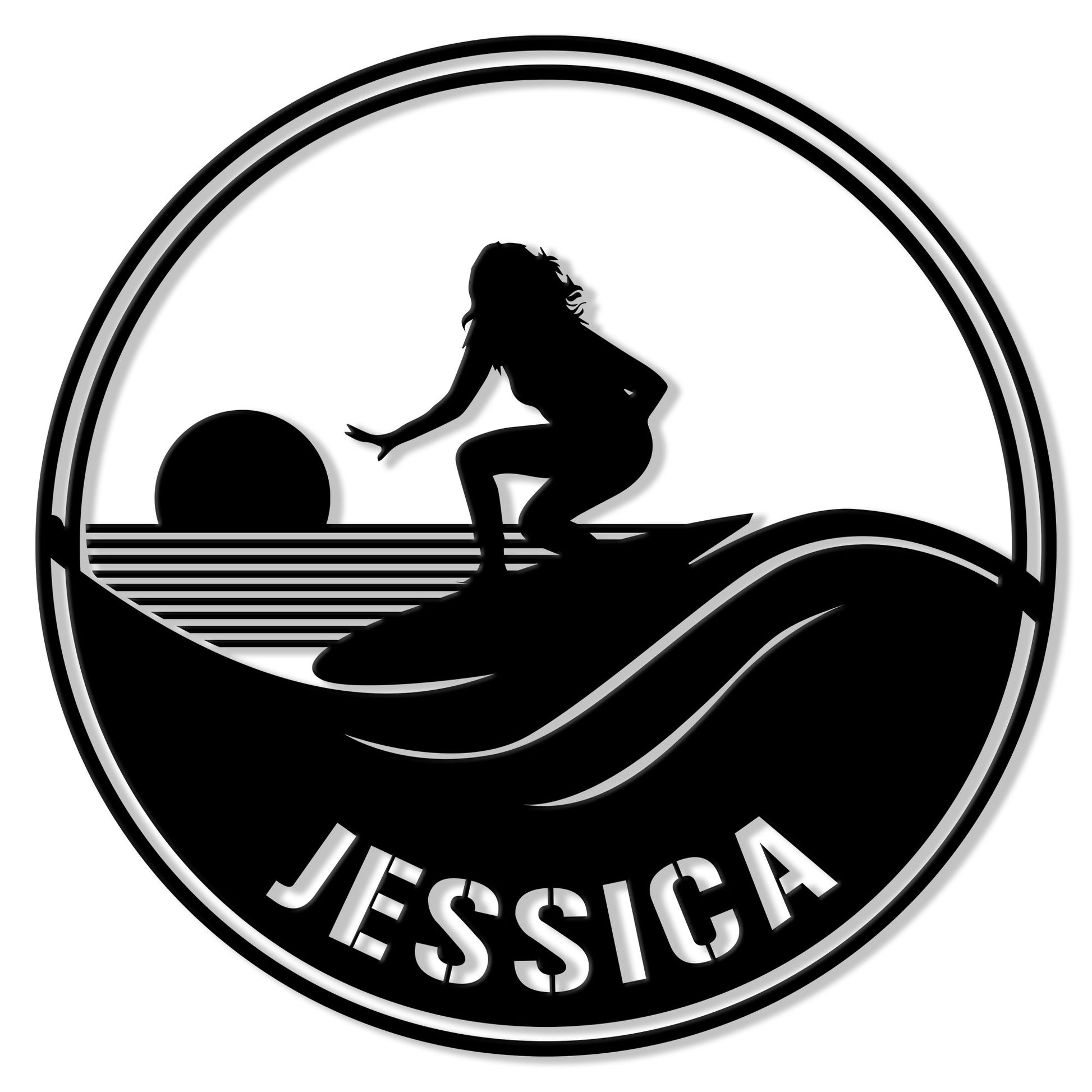 Round surfing metal sign featuring a female surfer silhouette riding a curling wave at sunset