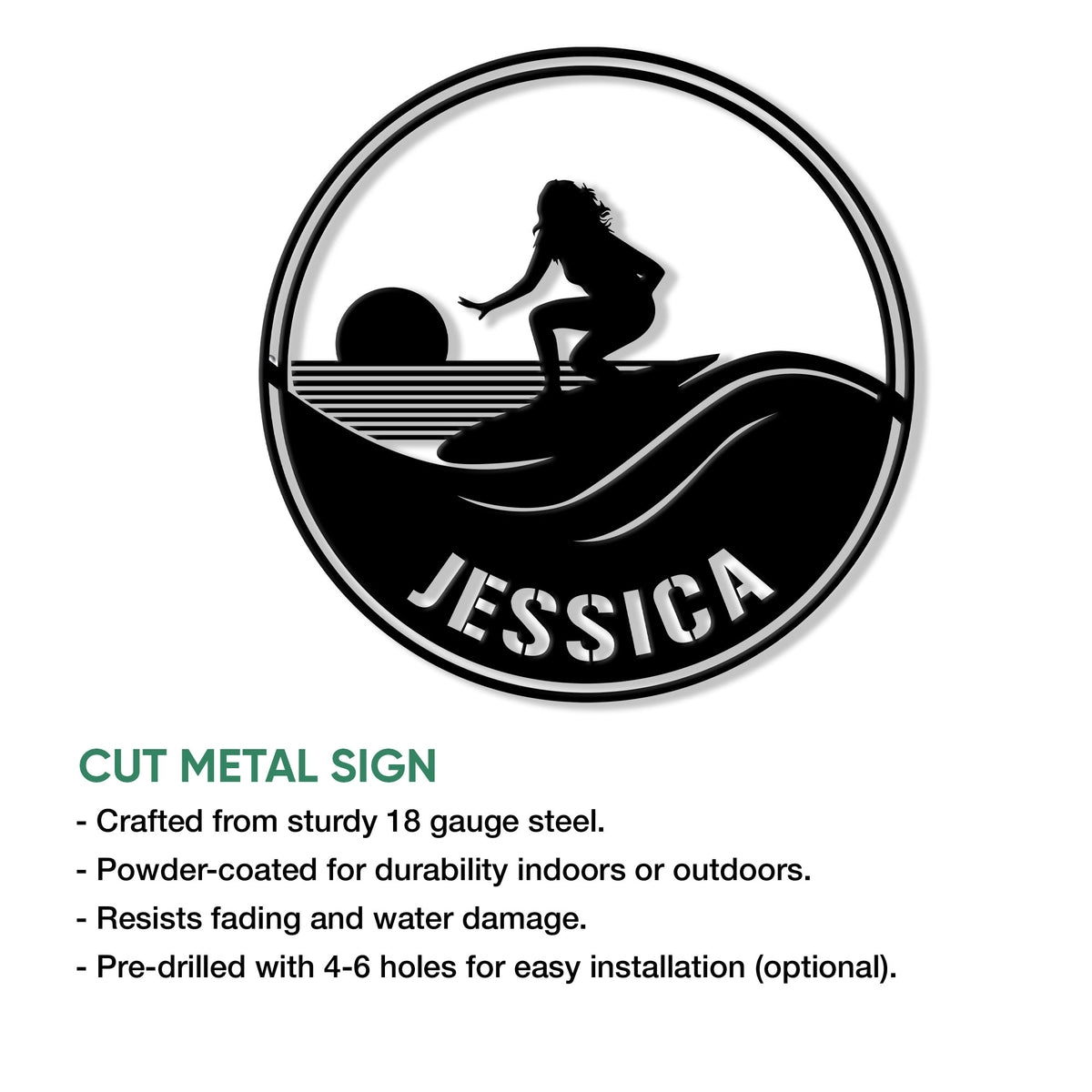 Surfing metal sign feature graphic showing a circular female surfer and wave design