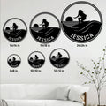 Surfing metal sign shown in multiple size options on a living room wall