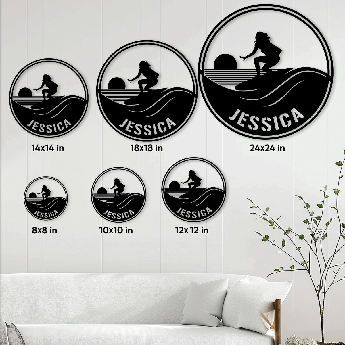 Surfing metal sign shown in multiple size options on a living room wall
