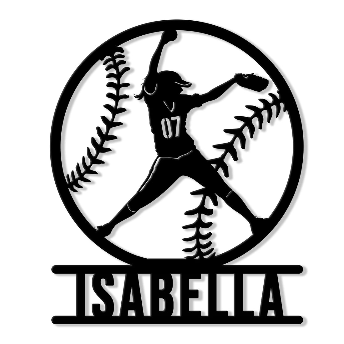 Custom softball metal sign featuring a female pitcher silhouette inside a baseball with bold lower name lettering