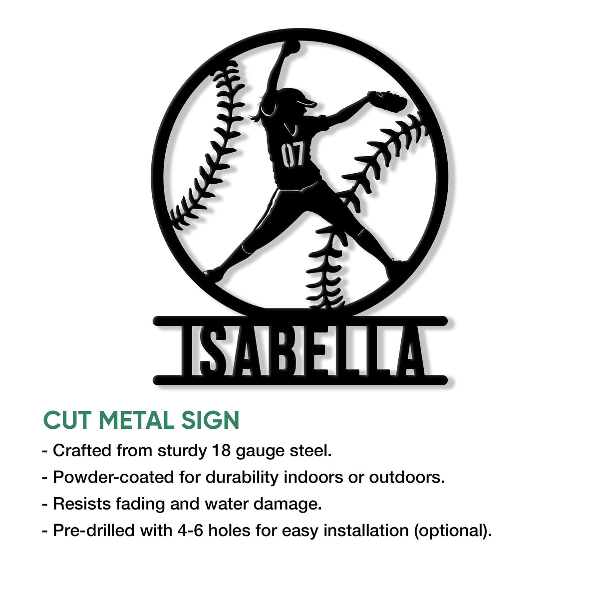 Softball pitcher silhouette metal sign shown with a cut-metal sign feature overview
