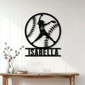 Softball wall sign displayed on a white paneled wall above a console table