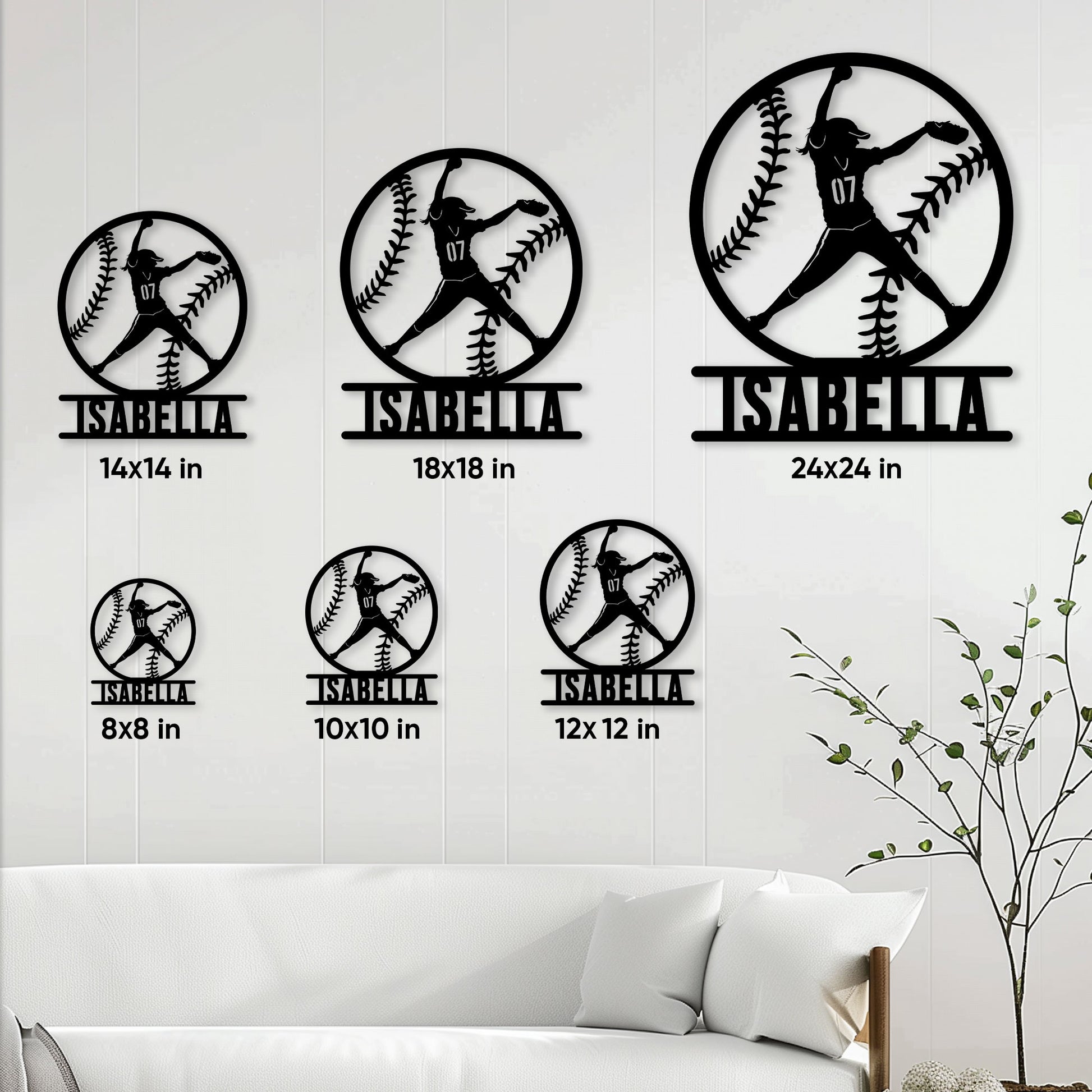 Softball pitcher metal sign shown in multiple size options on a living room wall