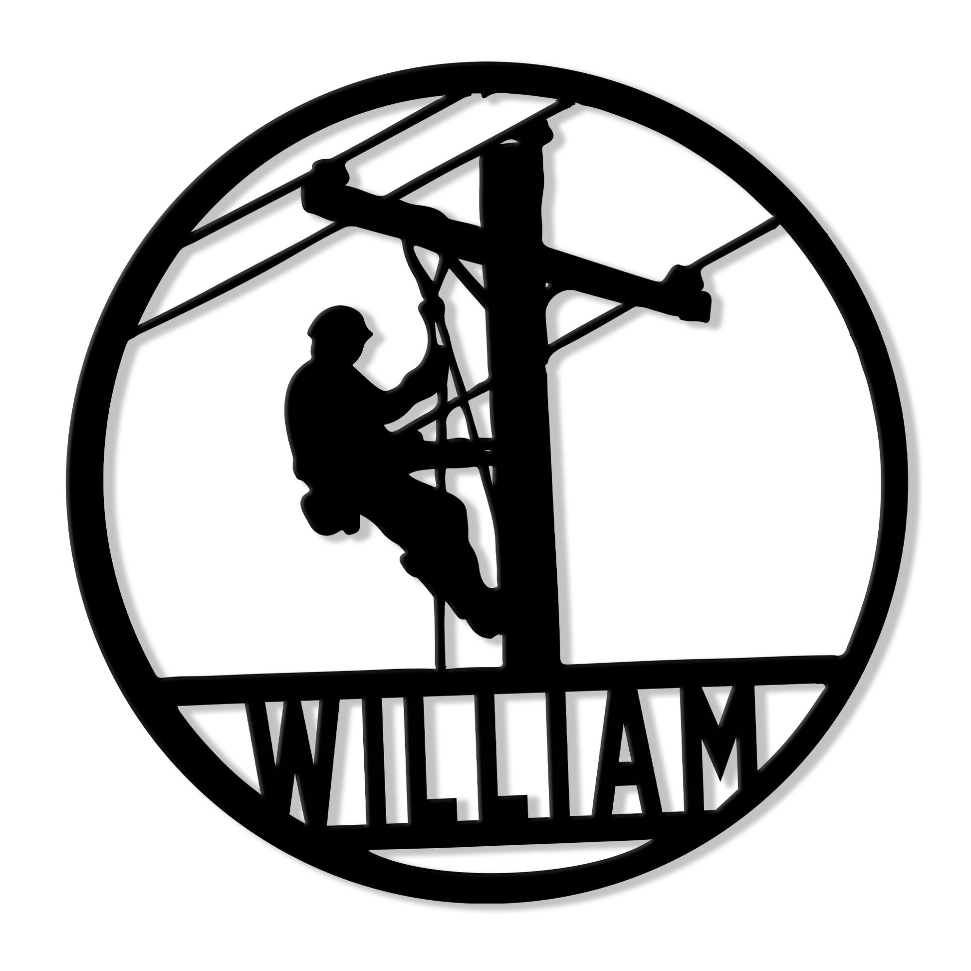 Lineman metal sign featuring a circular silhouette of a utility worker climbing a power pole