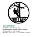Lineman metal sign feature infographic showing the circular lineworker design