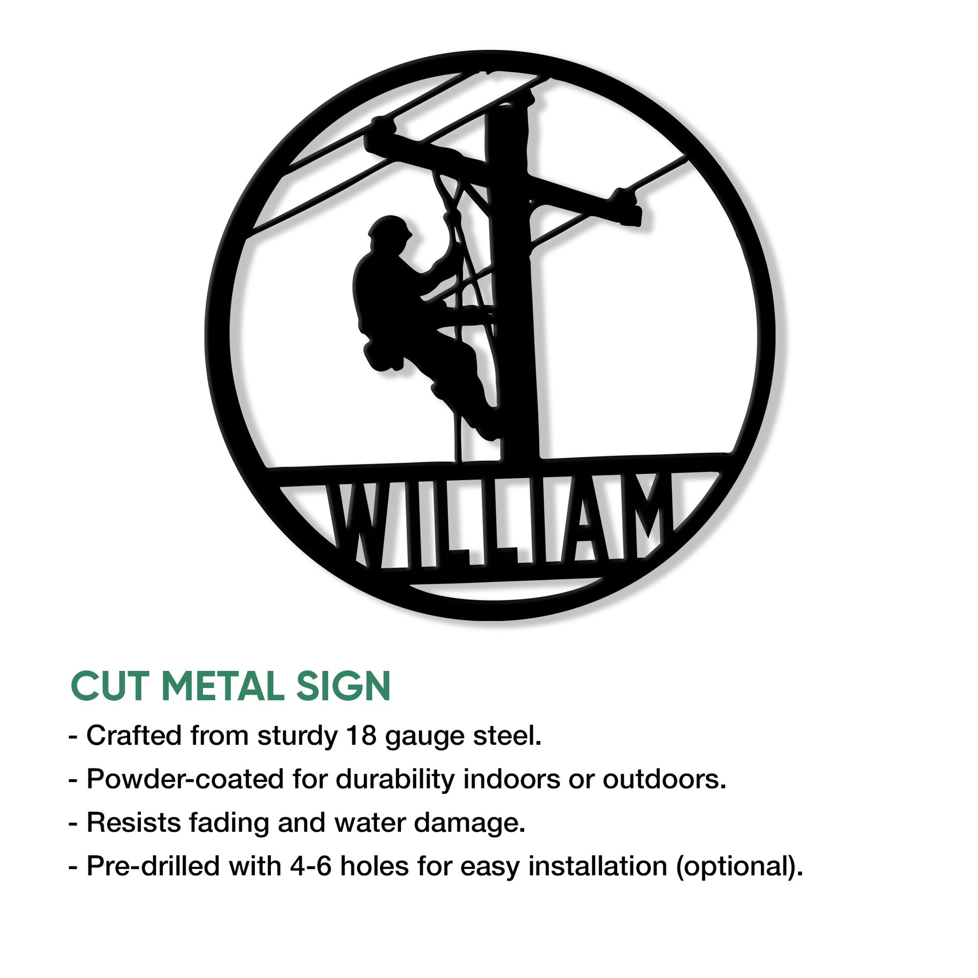Lineman metal sign feature infographic showing the circular lineworker design