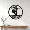 Lineman wall sign displayed on a white paneled wall above a rustic console table