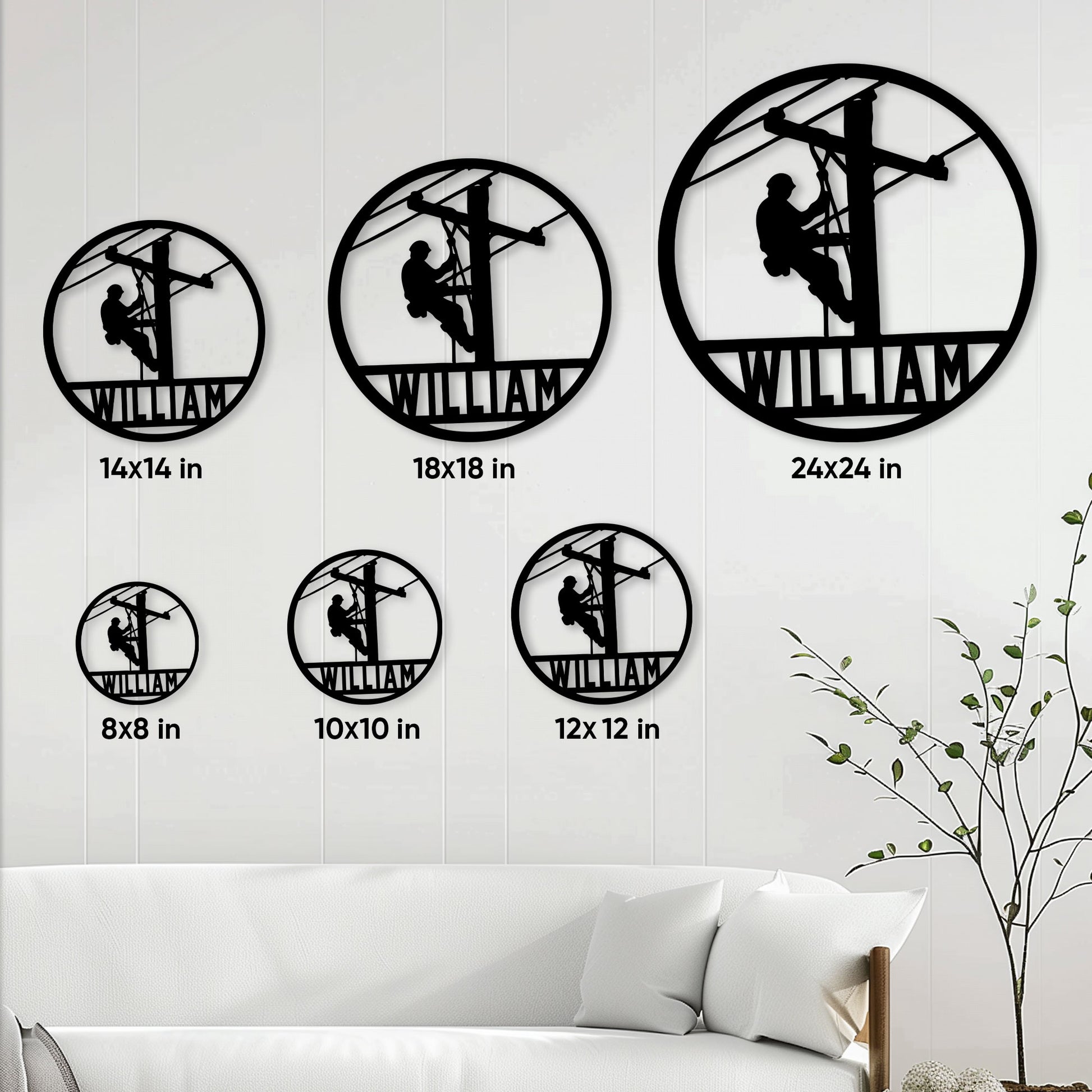 Lineman metal sign size guide showing available circular sizes from 8x8 to 24x24 inches