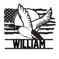 Custom duck hunting metal sign featuring a flying waterfowl silhouette over a patriotic American flag design