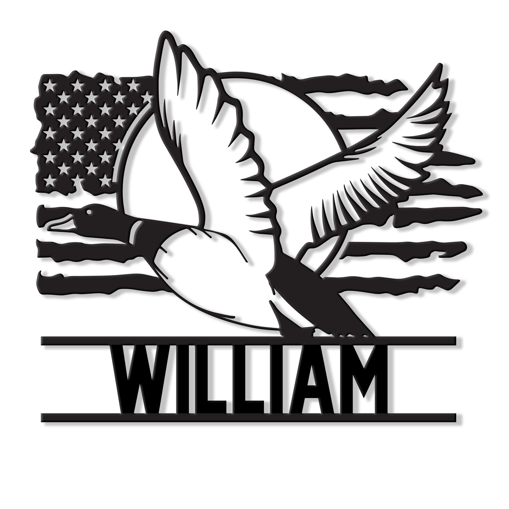Custom duck hunting metal sign featuring a flying waterfowl silhouette over a patriotic American flag design