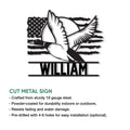 Duck hunting metal sign product graphic showing a flying duck, American flag motif, and cut metal sign features