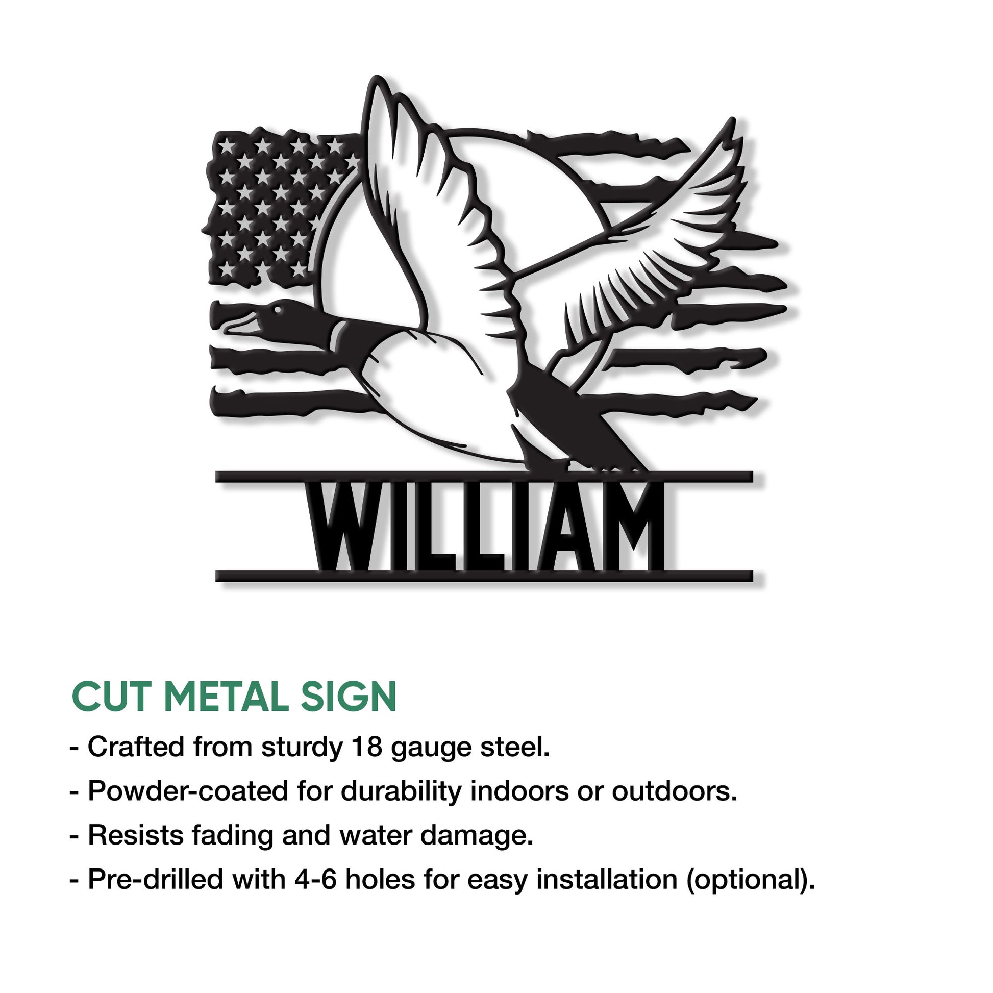 Duck hunting metal sign product graphic showing a flying duck, American flag motif, and cut metal sign features