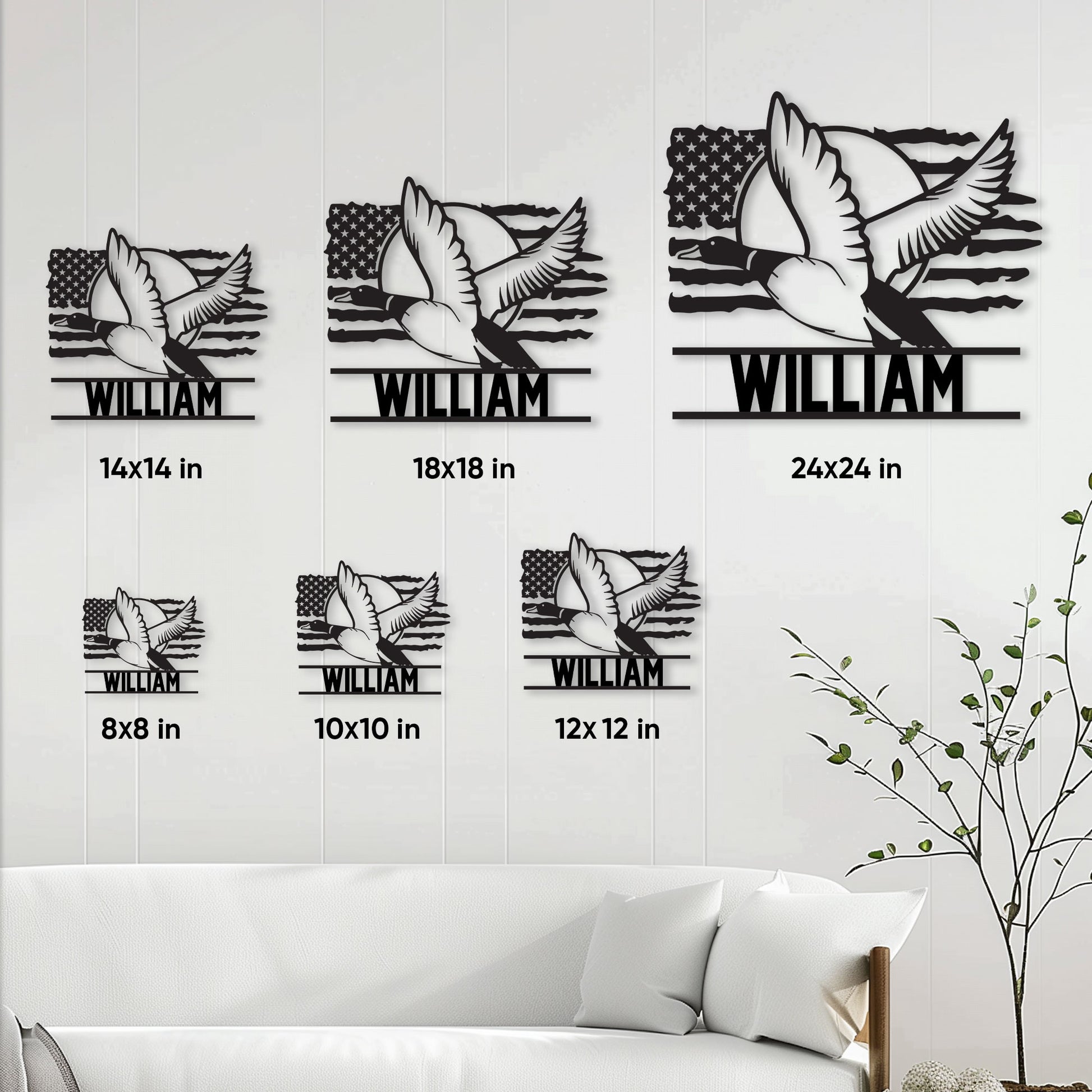 Duck hunting metal sign size guide showing available square dimensions from 8 by 8 to 24 by 24 inches