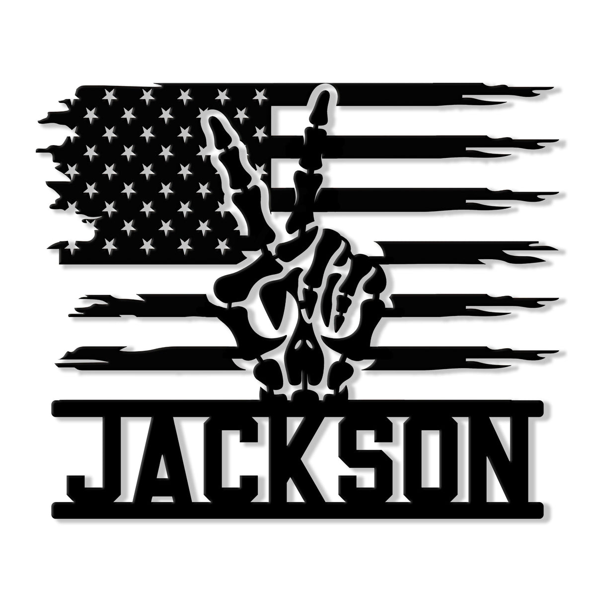 Custom skull metal sign featuring a skeletal hand over a distressed American flag design