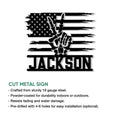 Patriotic skull metal sign shown with cut-metal construction and indoor or outdoor display details