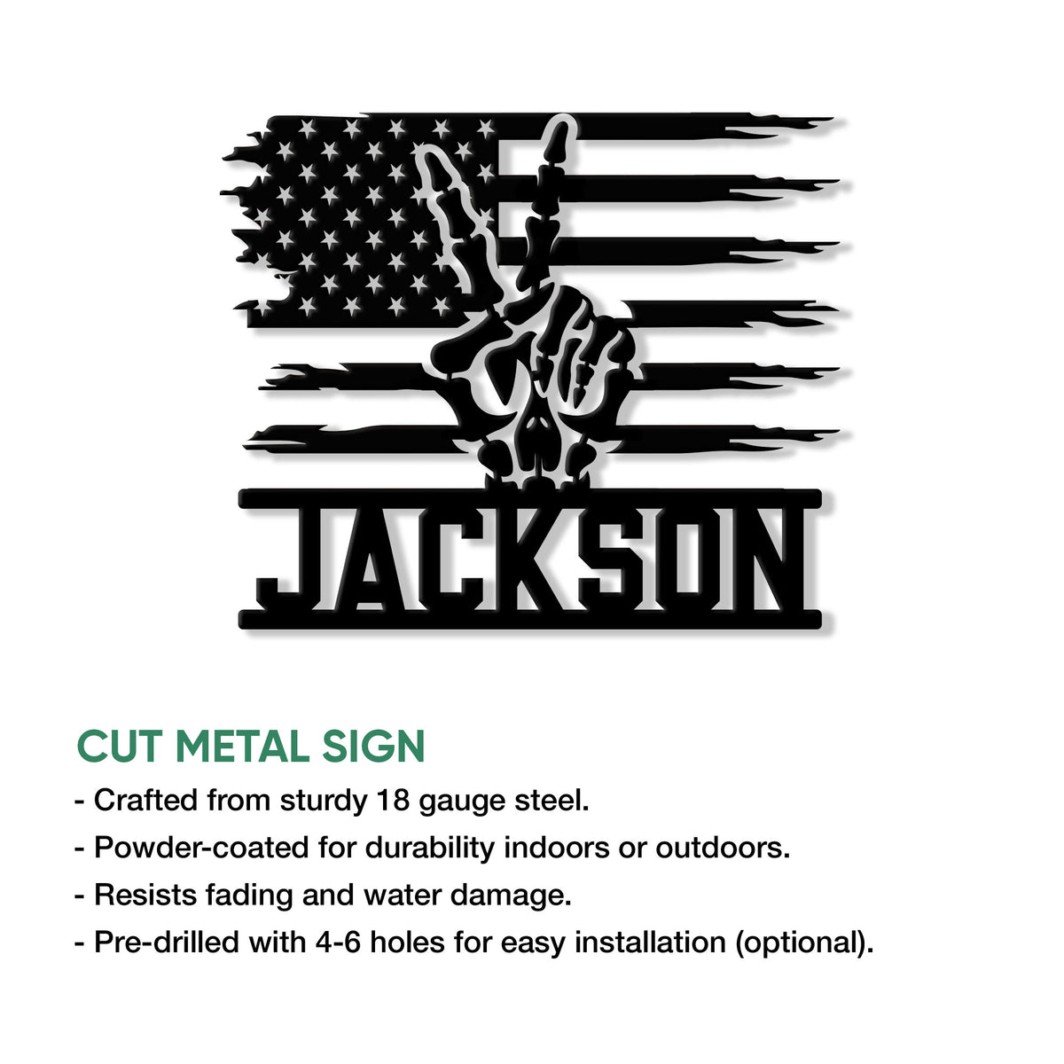 Patriotic skull metal sign shown with cut-metal construction and indoor or outdoor display details
