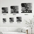 Patriotic skull metal sign size guide showing available square dimensions from 8 by 8 to 24 by 24 inches