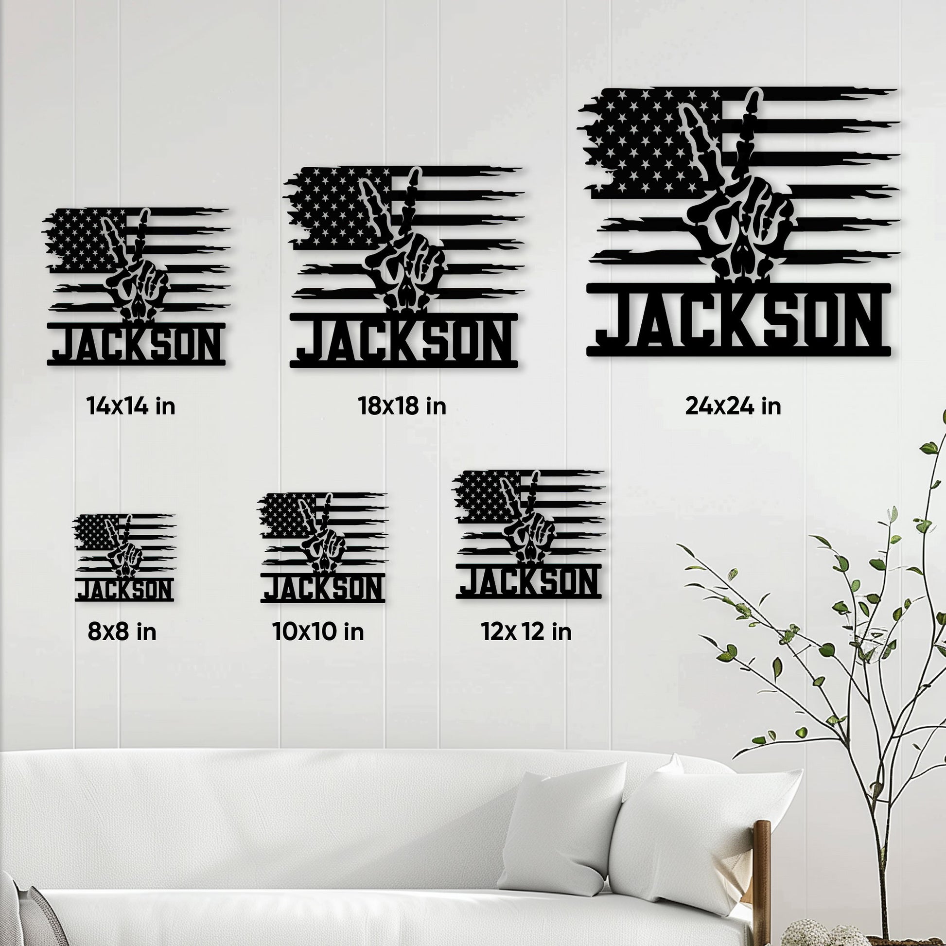 Patriotic skull metal sign size guide showing available square dimensions from 8 by 8 to 24 by 24 inches