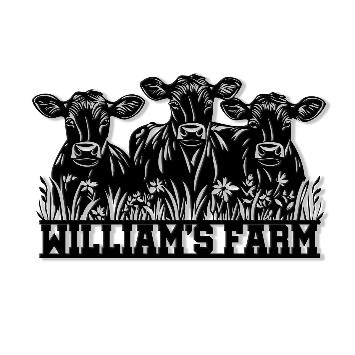 Black metal farm sign featuring three cows in a field of flowers with a custom farm design