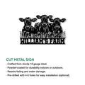 Cow farm metal sign shown with a product feature infographic and cut metal sign presentation