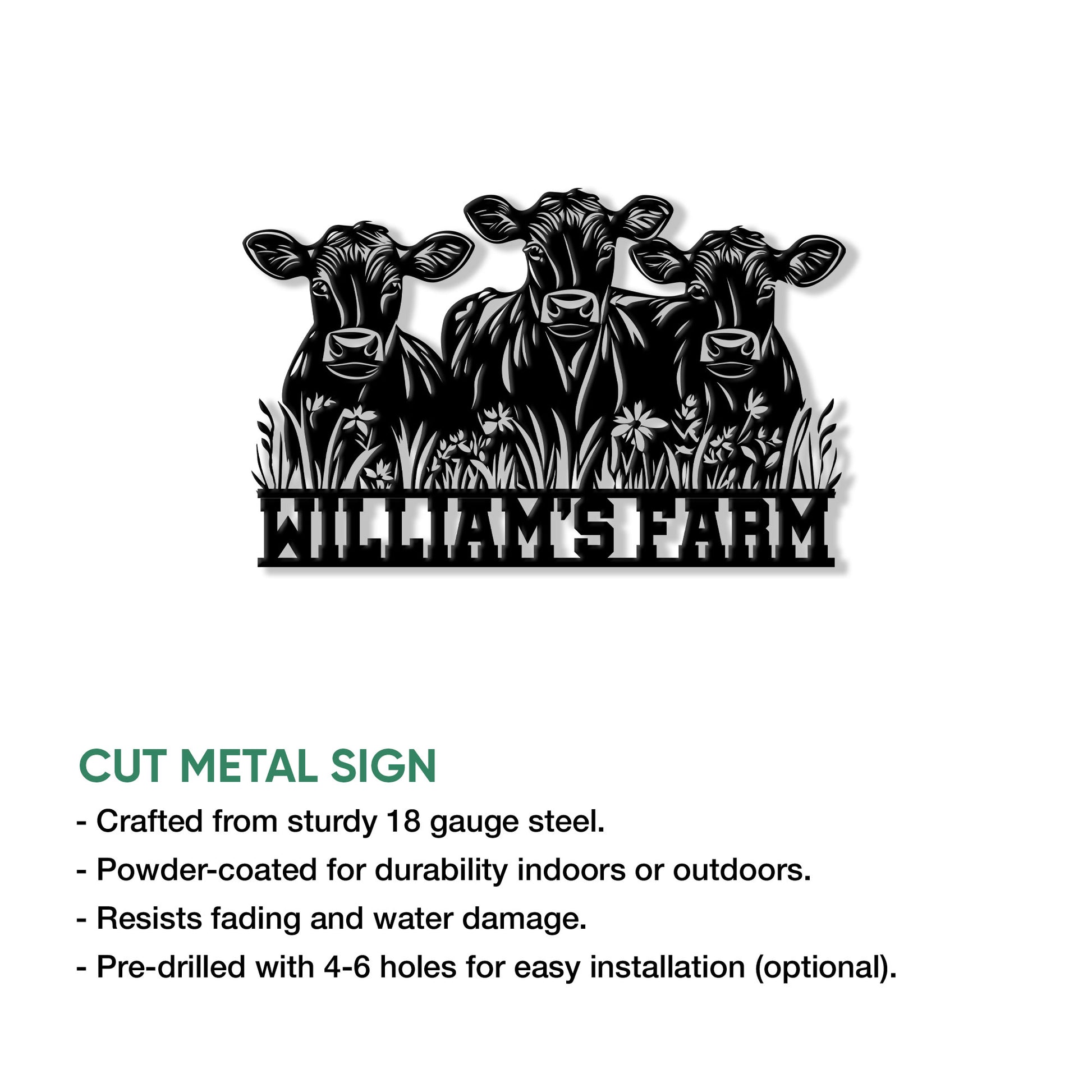 Cow farm metal sign shown with a product feature infographic and cut metal sign presentation