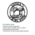 Sewing room metal sign feature graphic highlighting the floral sewing machine artwork