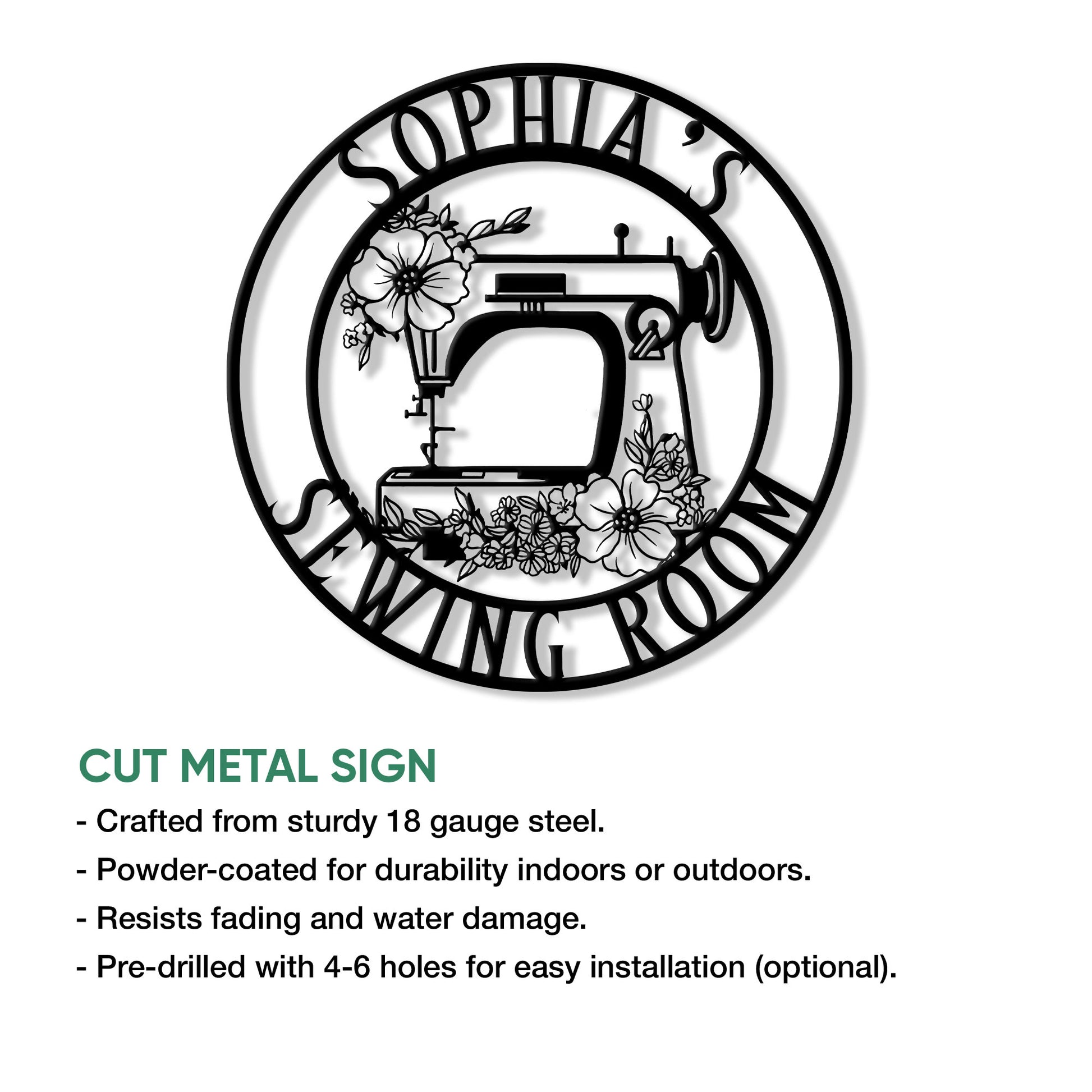 Sewing room metal sign feature graphic highlighting the floral sewing machine artwork