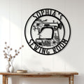 Floral sewing machine sign displayed as elegant wall decor in a bright sewing room