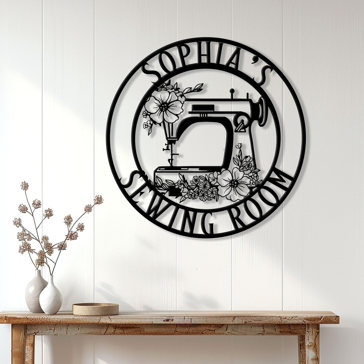 Floral sewing machine sign displayed as elegant wall decor in a bright sewing room