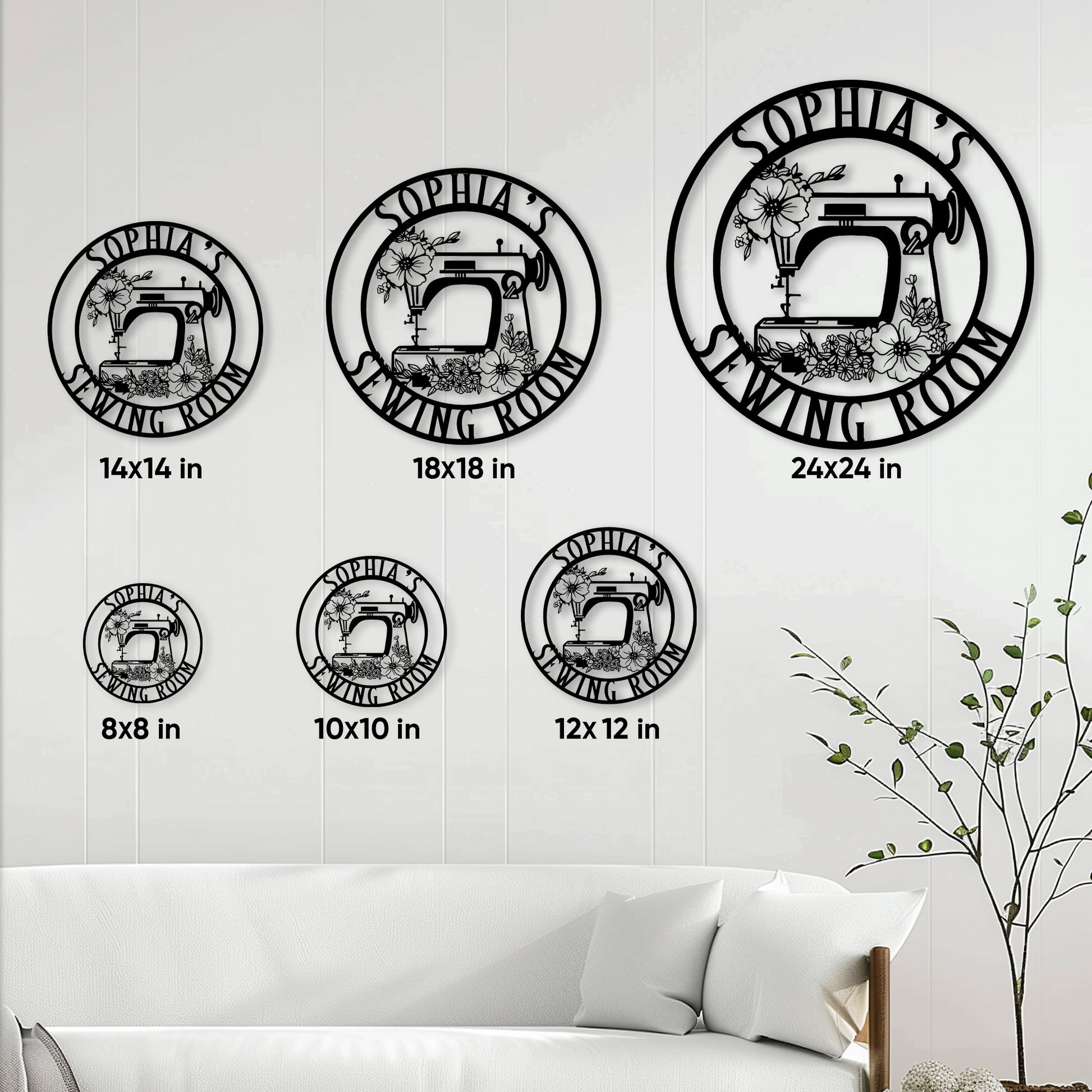 Sewing room metal sign size guide showing six available circular sign sizes