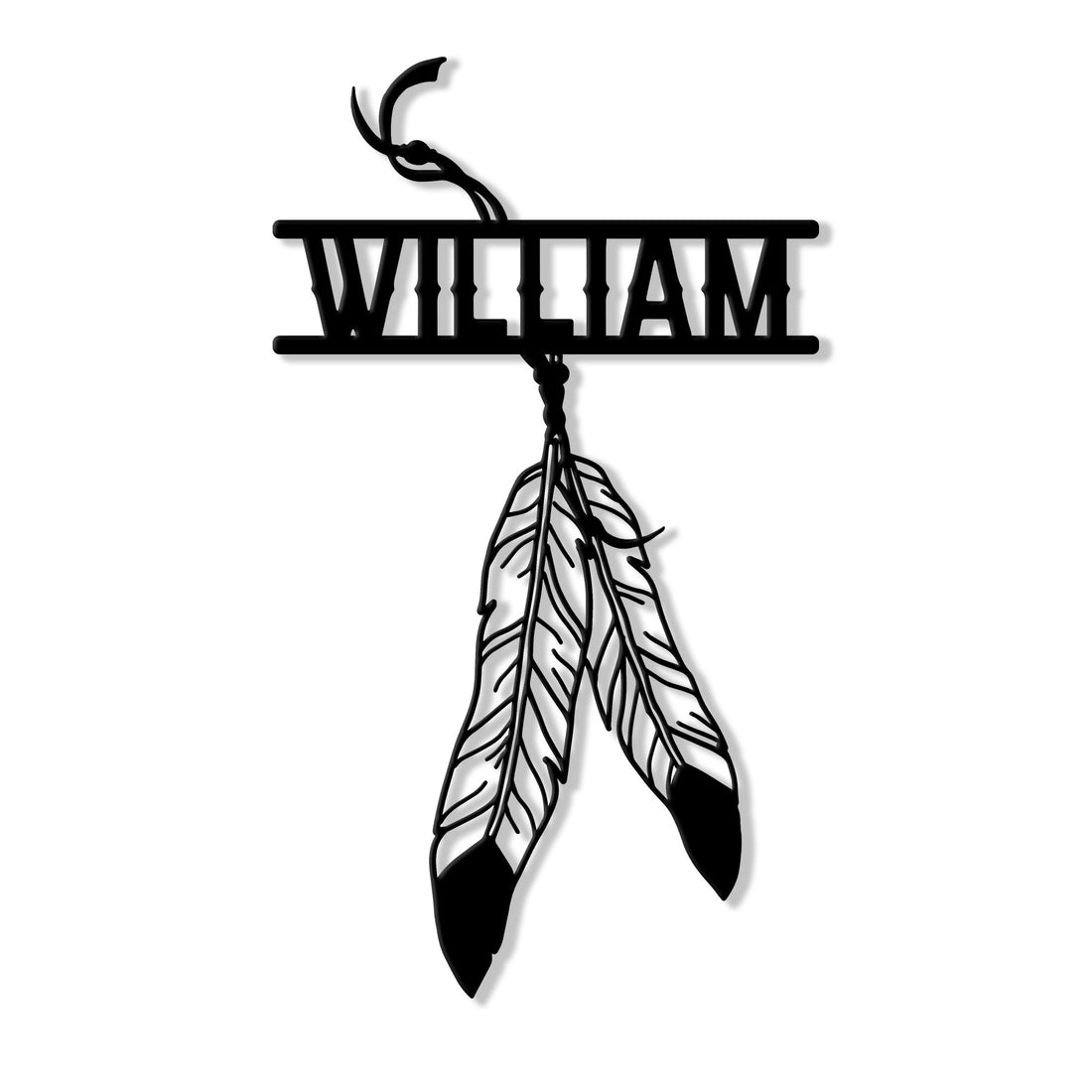 Custom Native American dreamcatcher metal sign with a bold black feather silhouette and curved decorative detail