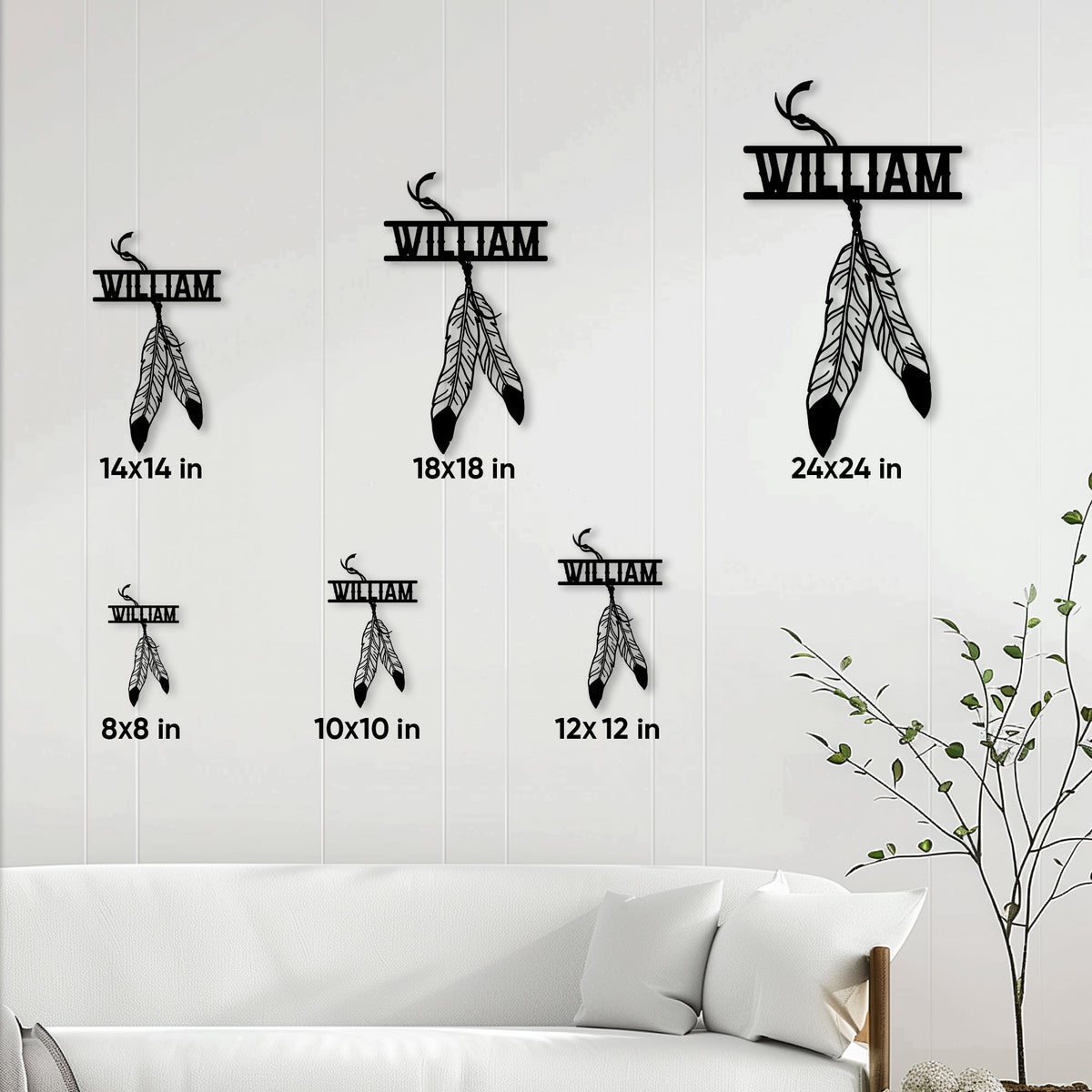 Native American dreamcatcher metal sign shown in multiple size options above a modern living room sofa